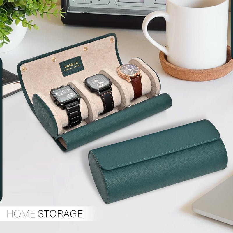 ROSELLE Genuine Leather Watch Roll Travel Case - Watch Roll Case For 3 Watches With Luxury Lining - Protect, Travel,Store, & Display Fine Watches (3 slot Green-Genuine Leather) - Image 5